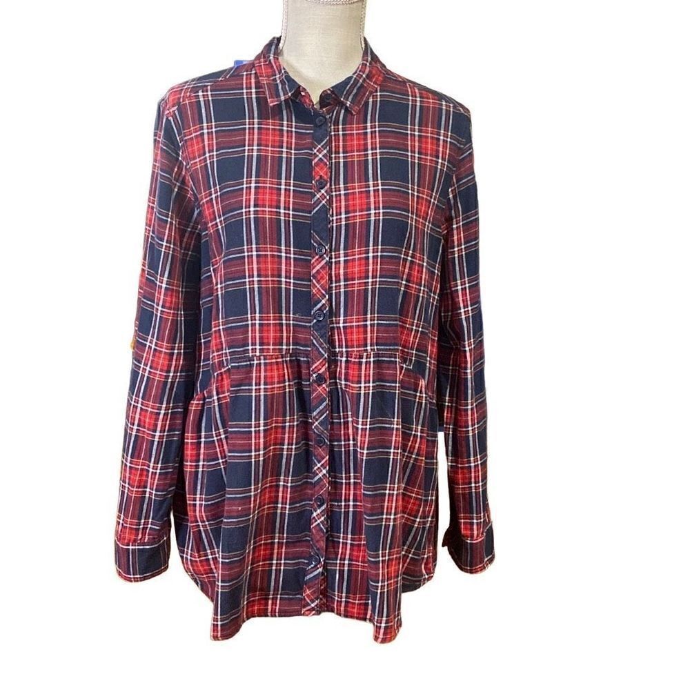 Beach Lunch Lounge Flannel Button Long Sleeve Plaid Red Blue - Size L